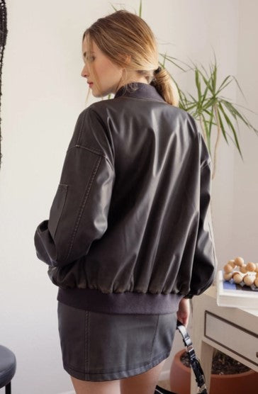 Oversized Faux Leather Bomber, Dark Brown