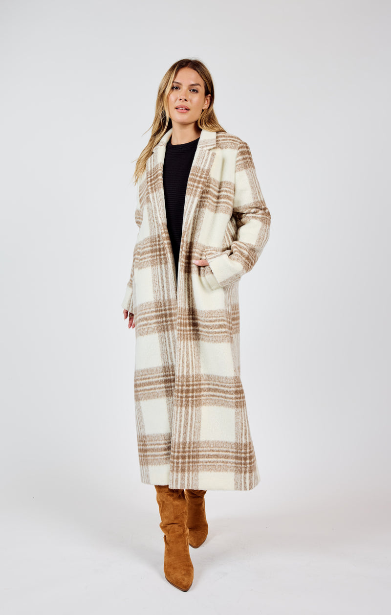 Zella Plaid Buttoned Long Coat, Ivory Multi