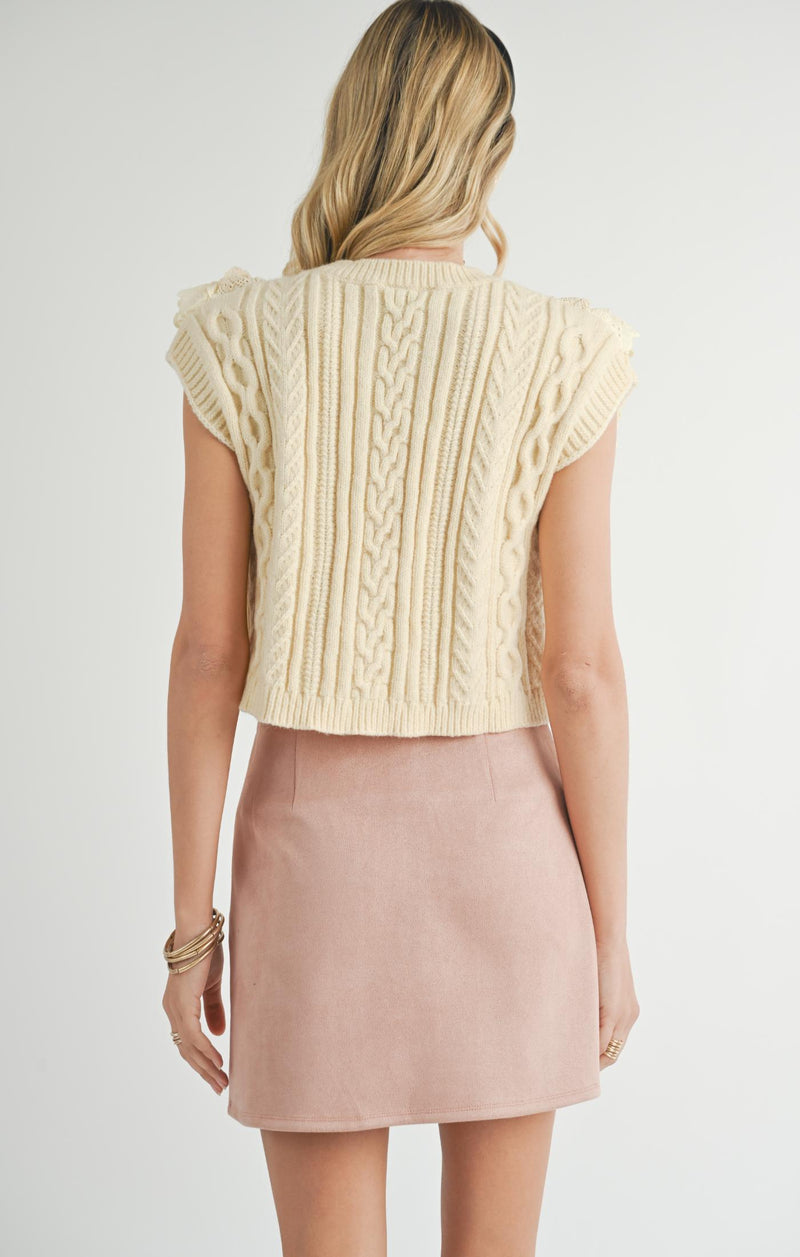 Vicki Lace Ruffles Sweater Tank, Cream