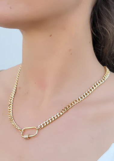 Curb Chain Necklace W Carabiner, Gold