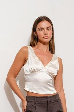 Rose Trim Satin Top, Ivory