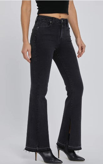 High Rise Slit Flare Denim Pants, Black