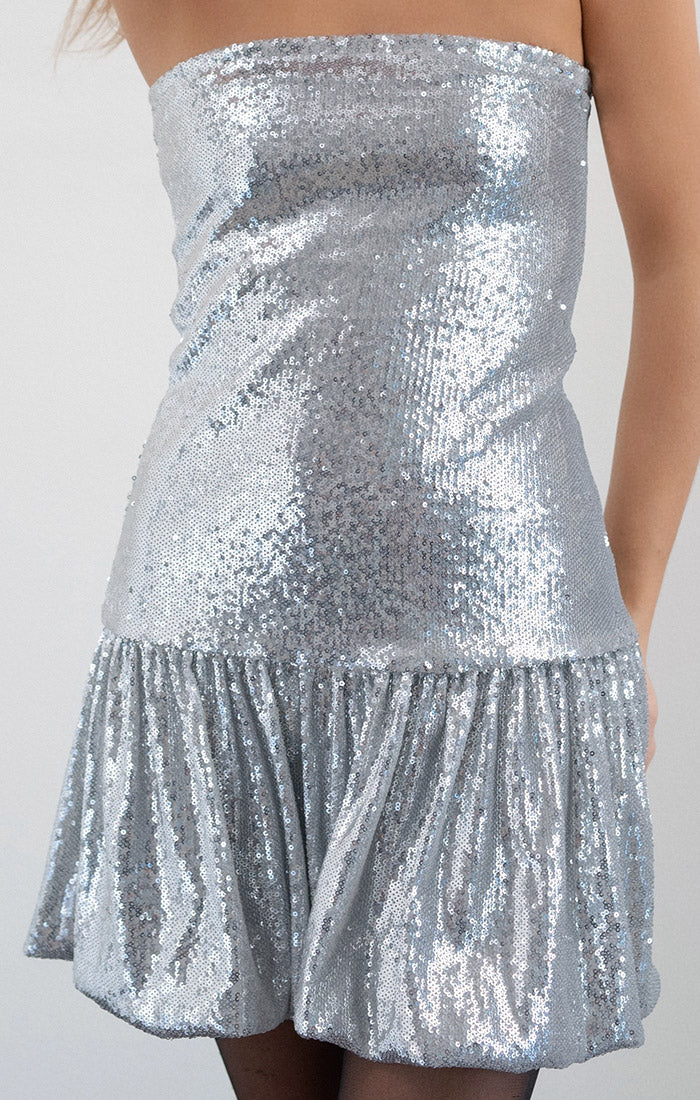 Rhone Drop Waist Sequin Dress, Silver Chrome