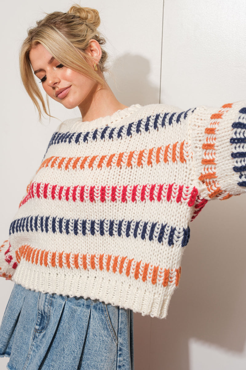 Striped Knit Sweater, Ivory/Multi