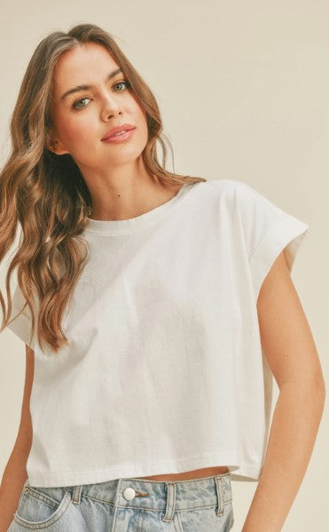 Short Sleeve Cuff Knit Top, White