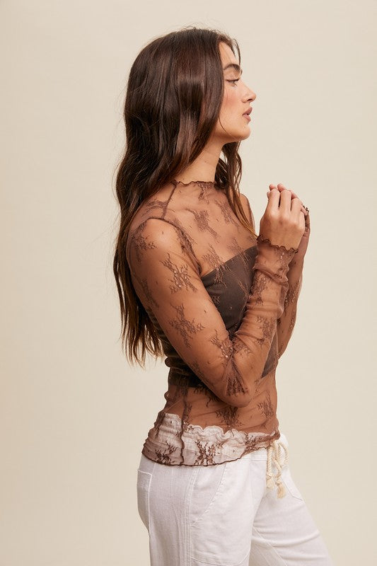 Lace Mock Neck Layering Top, Mocha