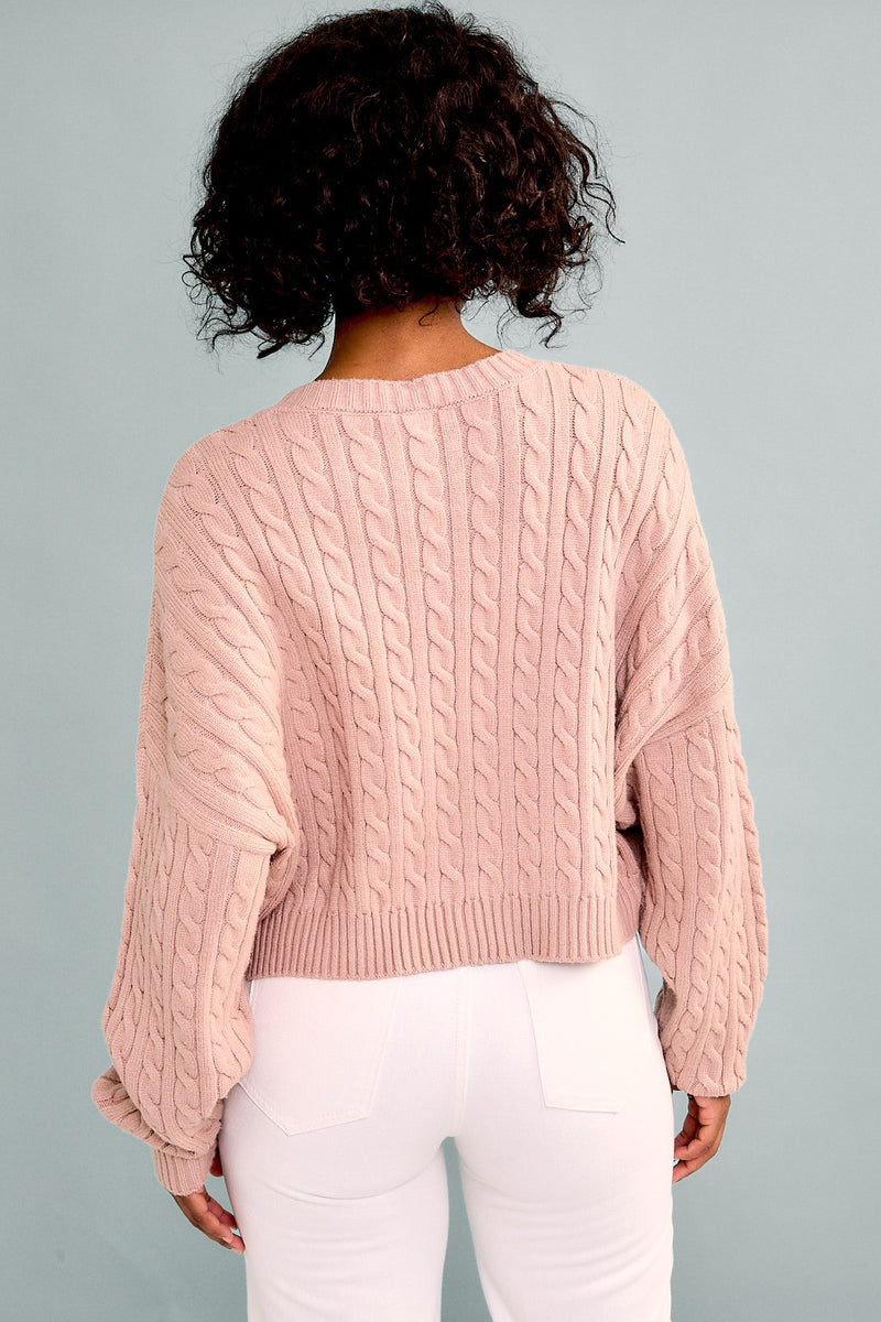 Long Sleeve Pocket Cable Knit Sweater, Taupe