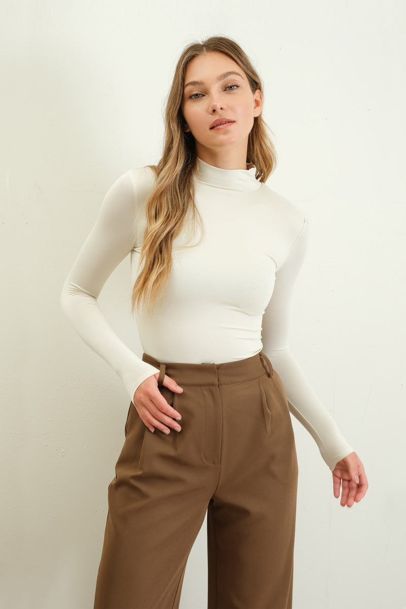 Mock Neck Long Sleeve Knit Top, Light Beige