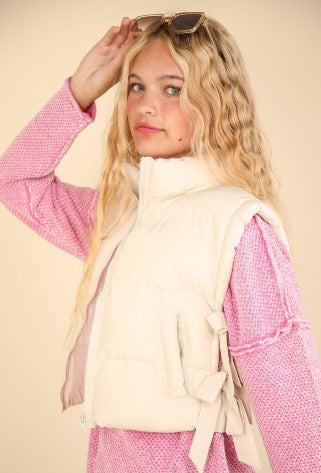 Cropped Puffer Vest with Bow Ties, Ecru