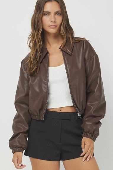 Leather Zip Up Jacket, Brown