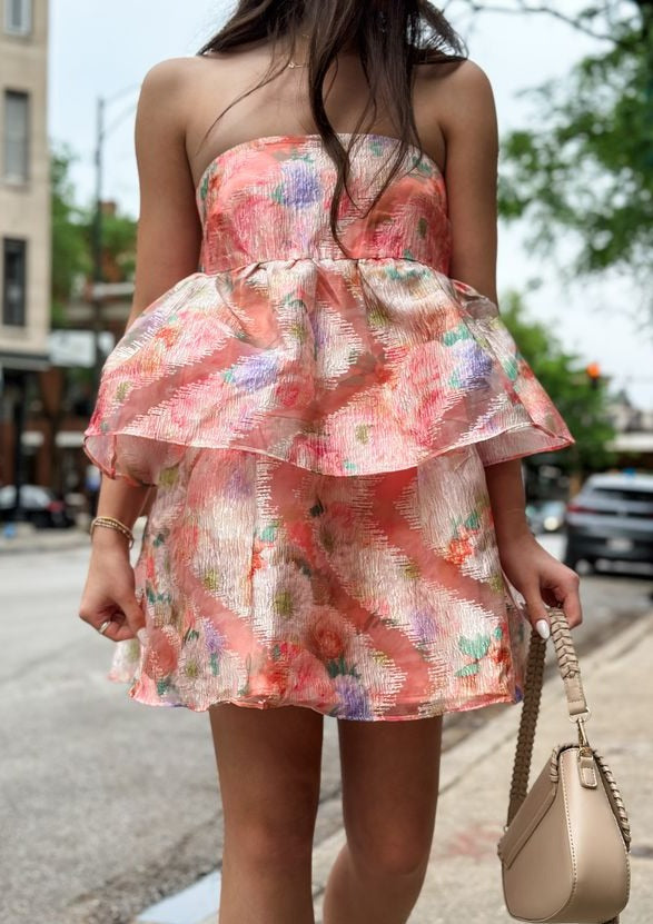 Floral Tiered Ruffle Mini Dress, Peach