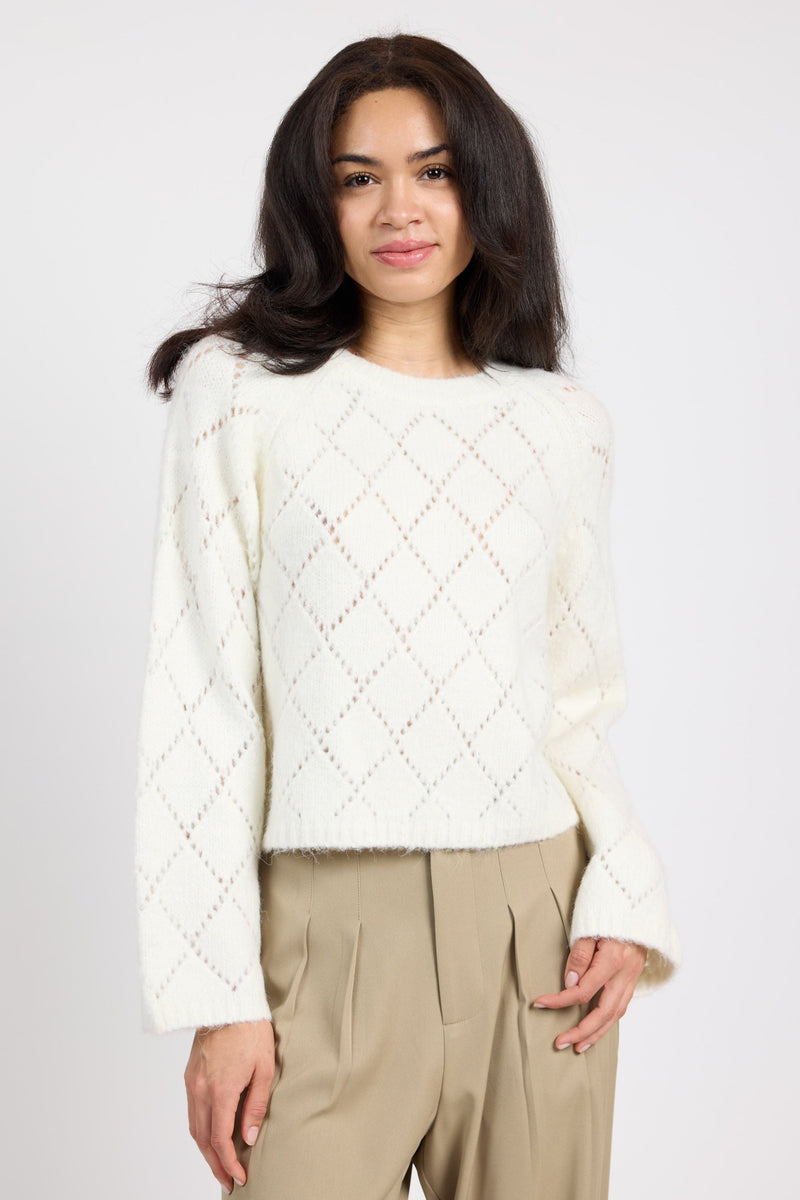 Selena Diamond Pointelle Sweater, Ivory