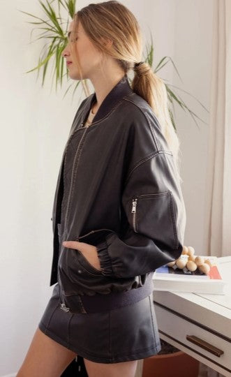 Oversized Faux Leather Bomber, Dark Brown