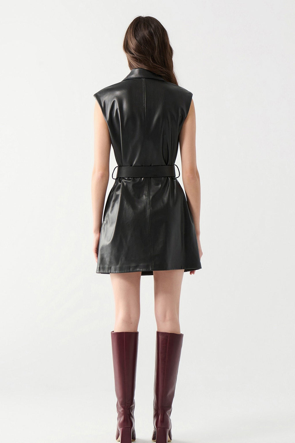 Leather Belted Wrap Mini Dress, Black