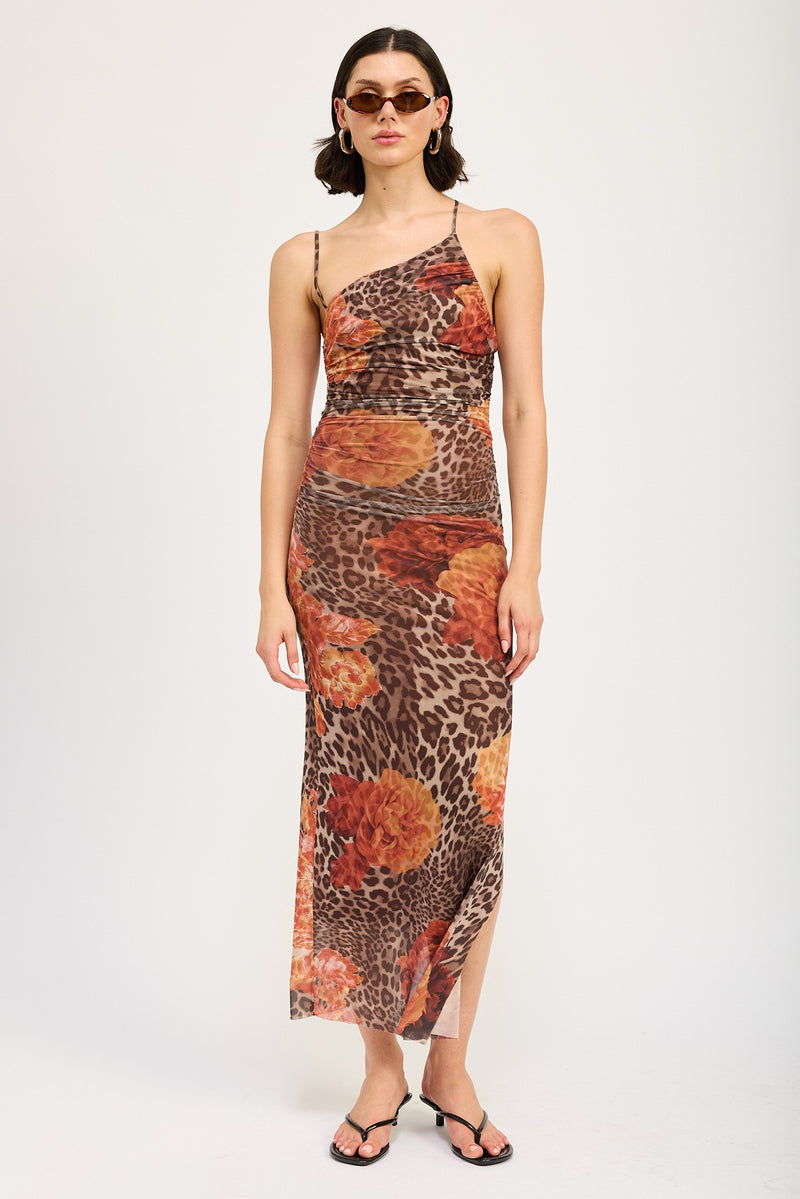 Mesh Print One Shoulder Midi Dress, Leopard/Orange