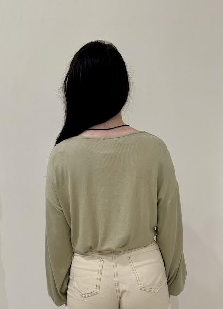 Long Sleeve Elastic Hem Knit Blouse, Sage