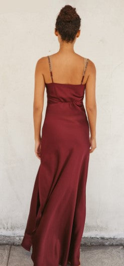 Sleeveless Satin Lace Top Maxi Dress, Sangria