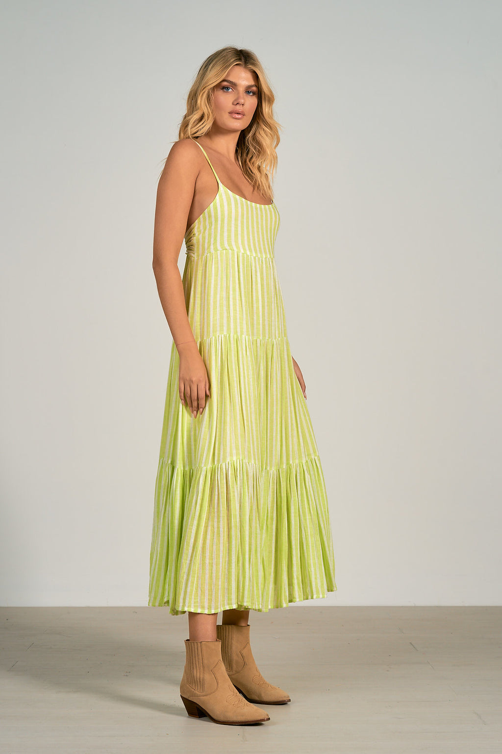 Tiered Stripe Maxi Dress, Celery