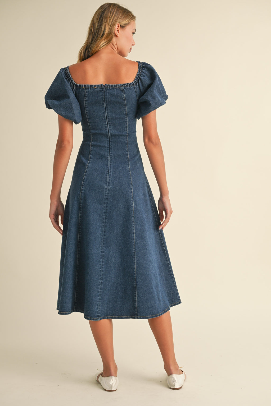 Off Shoulder Denim Puff Sleeve Midi Dress, Denim