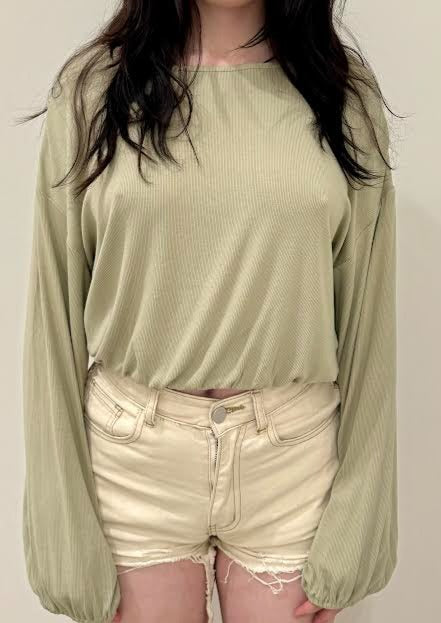 Long Sleeve Elastic Hem Knit Blouse, Sage