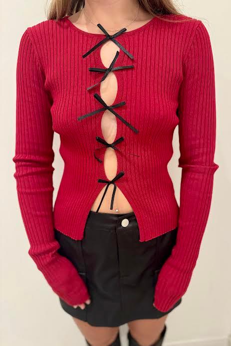 Long Sleeve Bow Detail Knit Top, Ruby