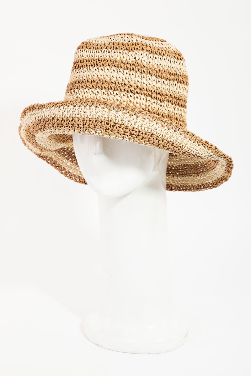 Striped Straw Bucket Hat, Ivory/Tan