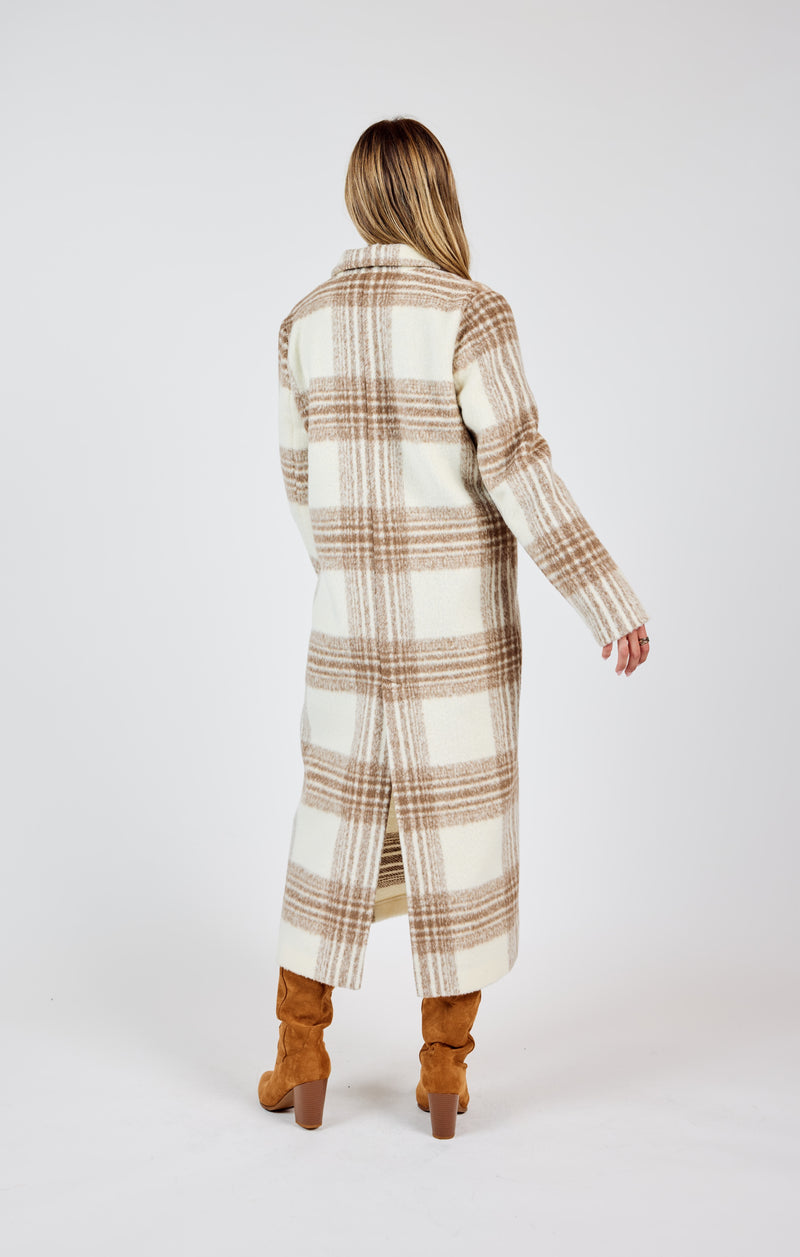 Zella Plaid Buttoned Long Coat, Ivory Multi