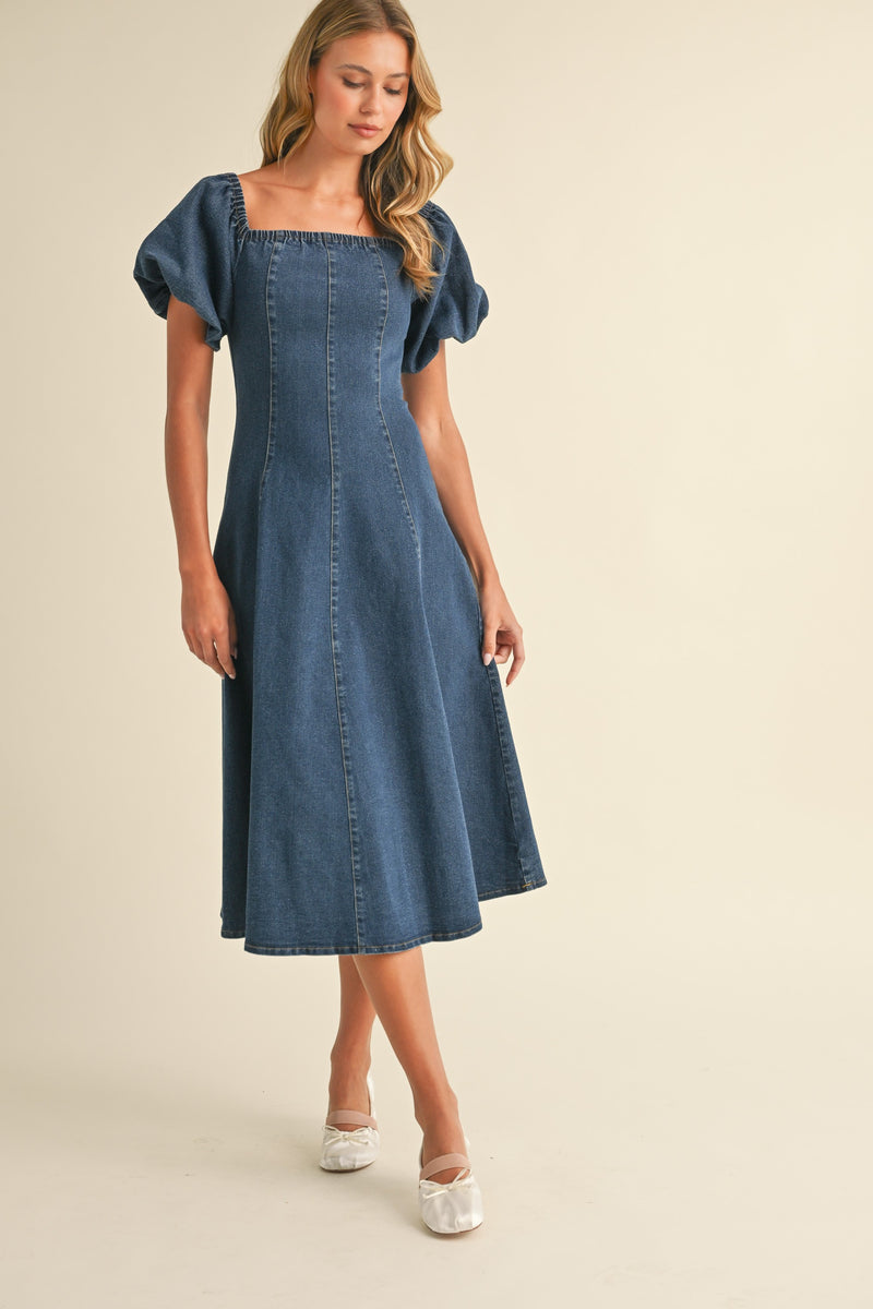 Off Shoulder Denim Puff Sleeve Midi Dress, Denim