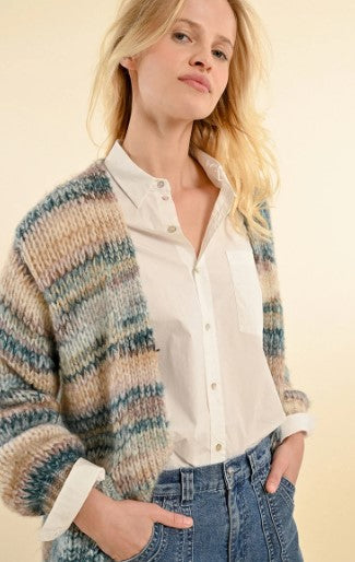 Striped Cardigan with Pockets, Duck Blue