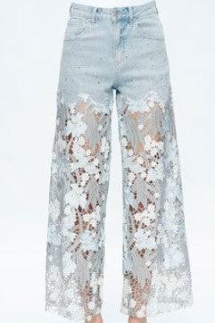 High Rise Lace Pants with Rhinestones, Lesley Blue