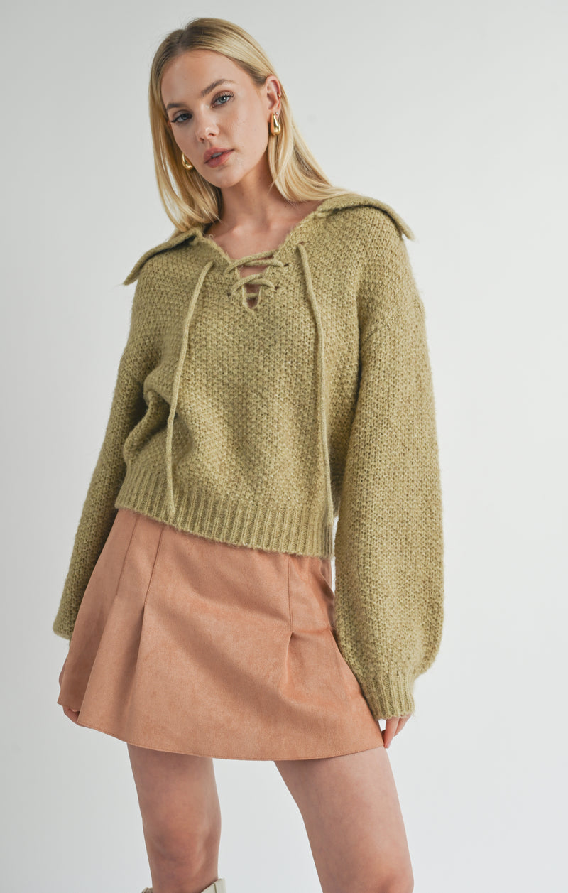 Sophia Lace up V-Neck Sweater, Sage