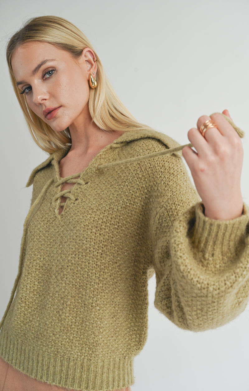 Sophia Lace up V-Neck Sweater, Sage