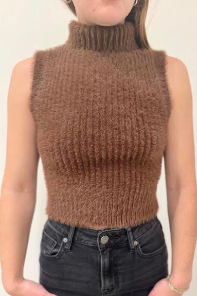 Sleeveless Mohair Turtleneck Sweater, Brown