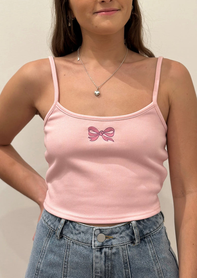 Embroidered Bow Detail Tank, Pink