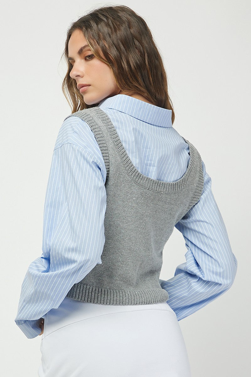 Long Sleeve Buttondown Sweater Vest, Grey