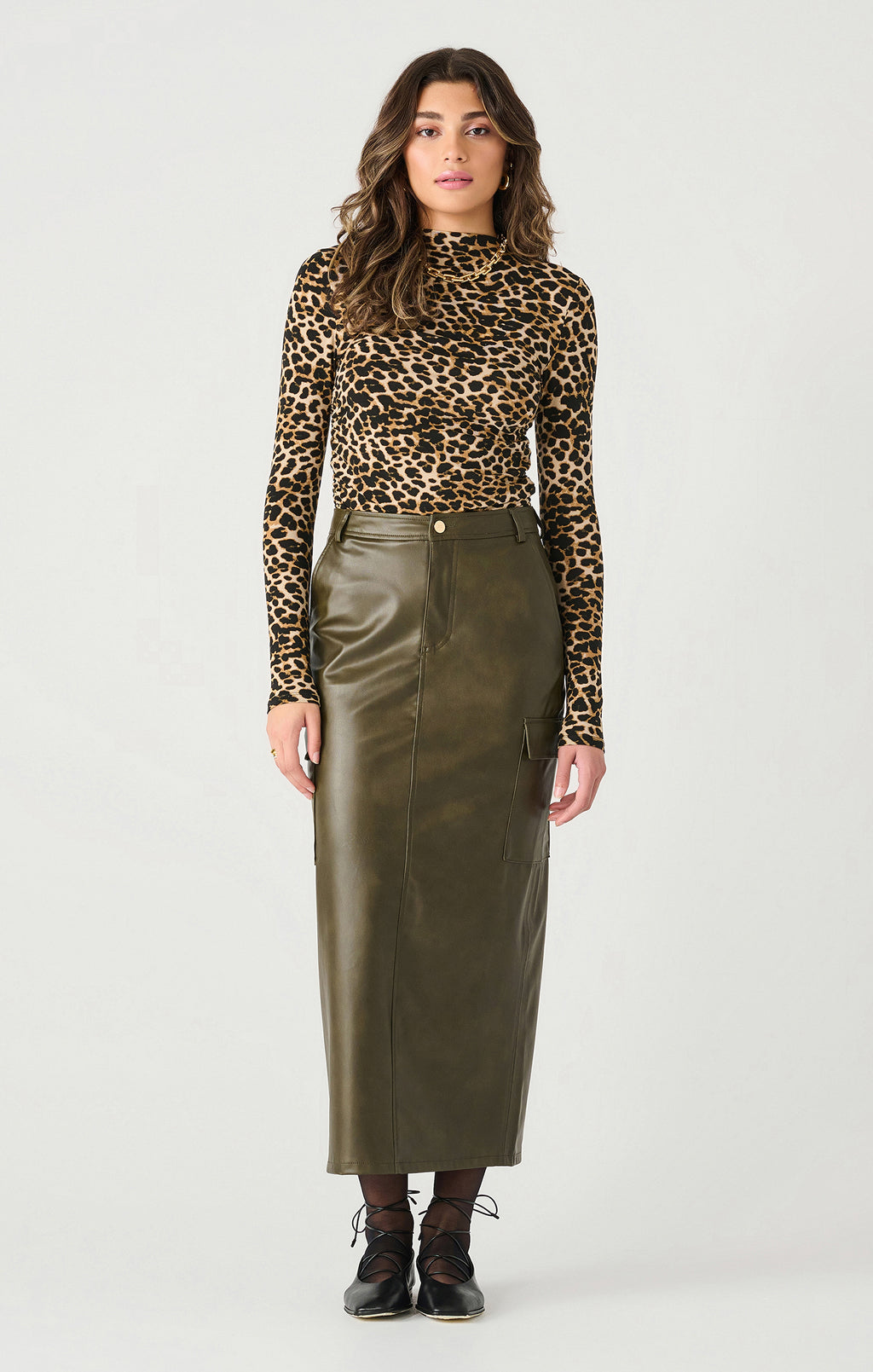 Long Sleeve High Neck Draped Top, Cheetah