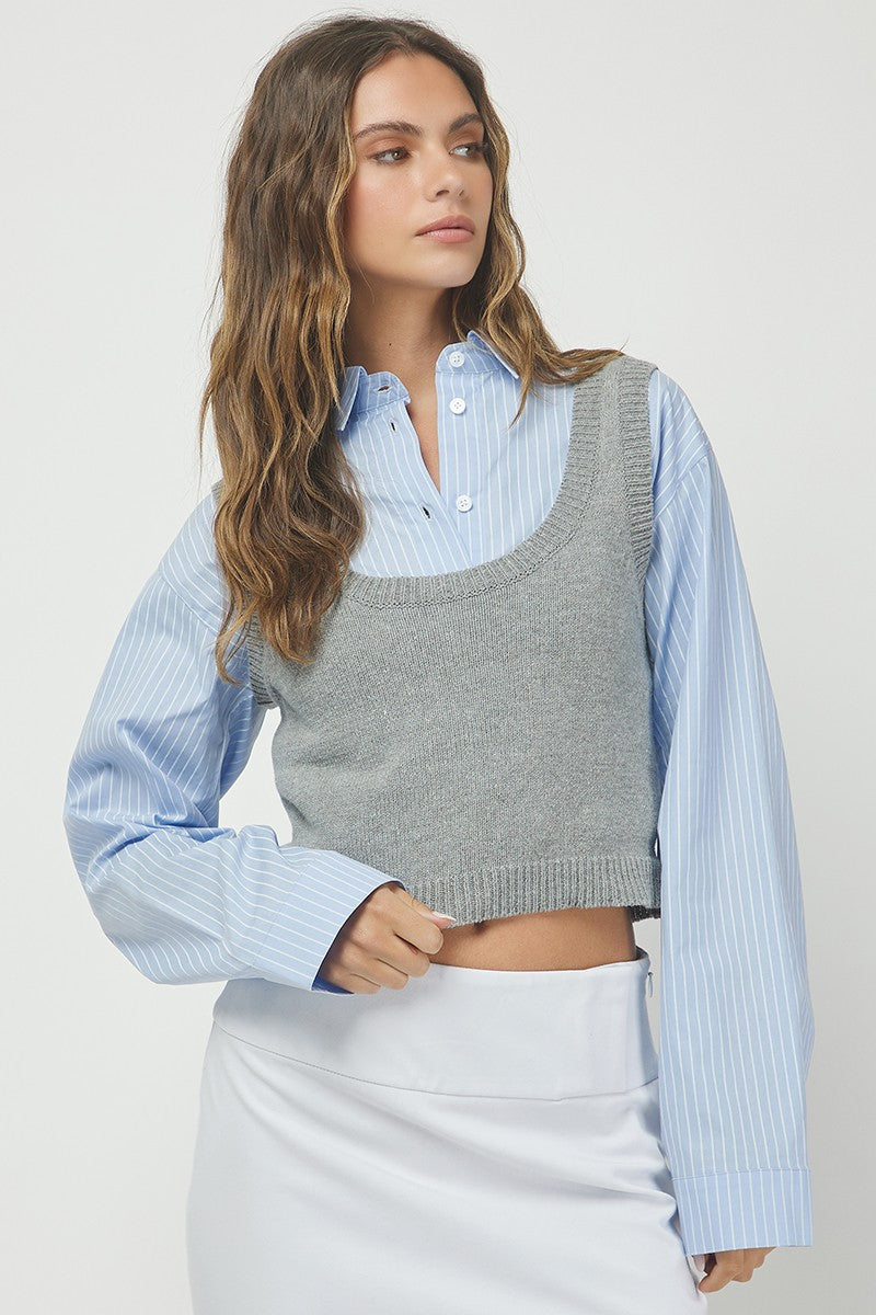 Long Sleeve Buttondown Sweater Vest, Grey