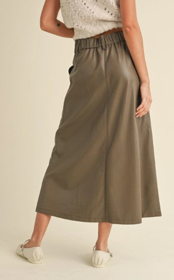 Pleather Aline Midi Skirt, Brown