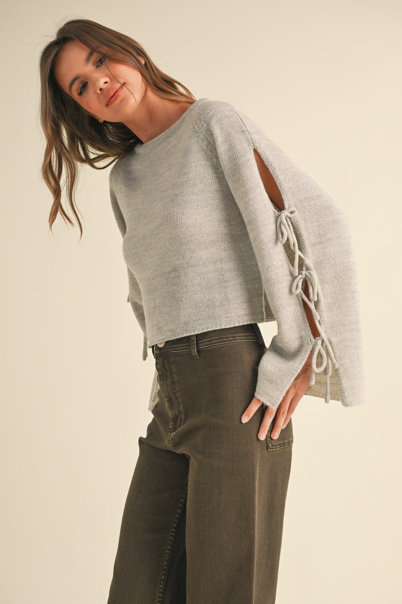 Tie Sleeve Pullover Sweater, Grey