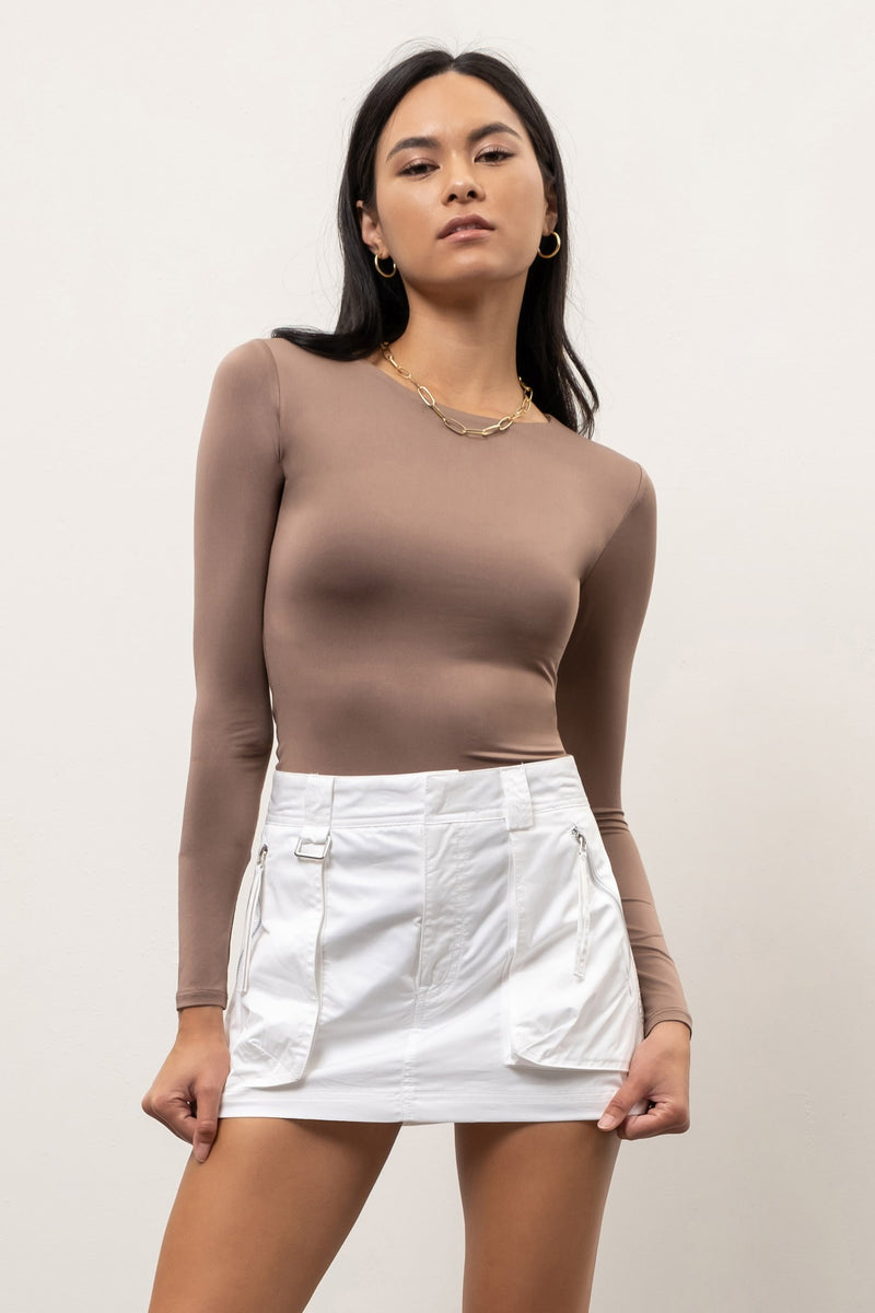 Long Sleeve Round Neck Fitted Knit Top, Deep Taupe