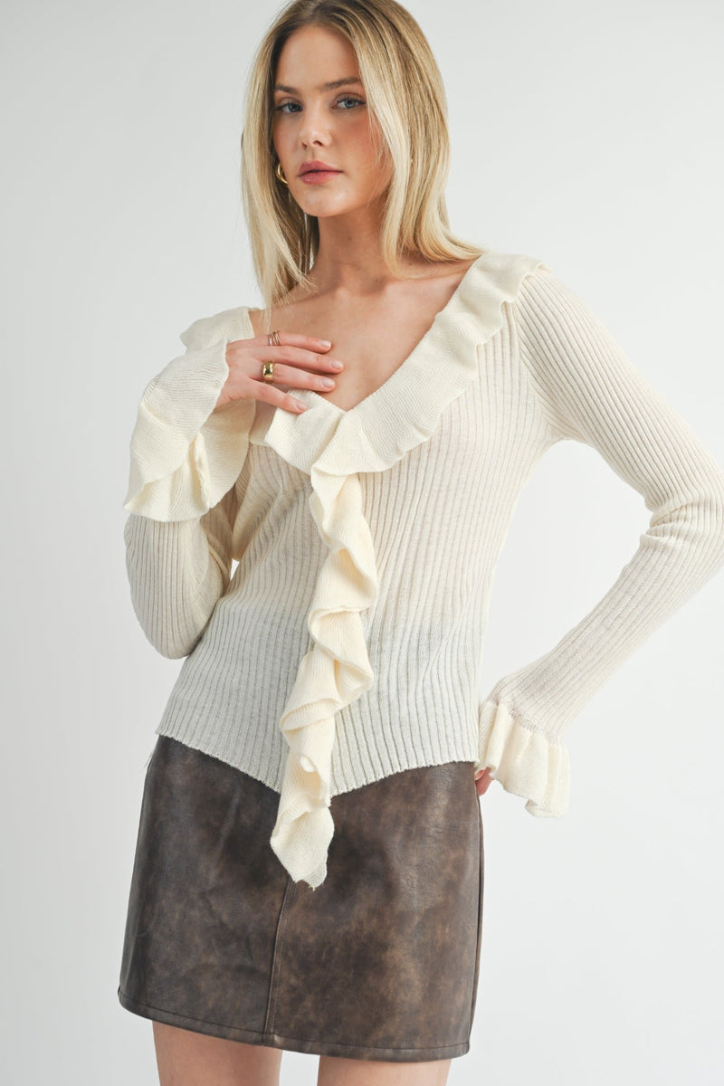 Petra Ruffled Sweater, Ivory