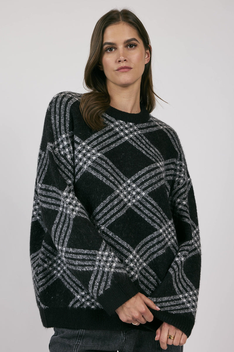 Brooke Plaid Print Sweater, Black/White