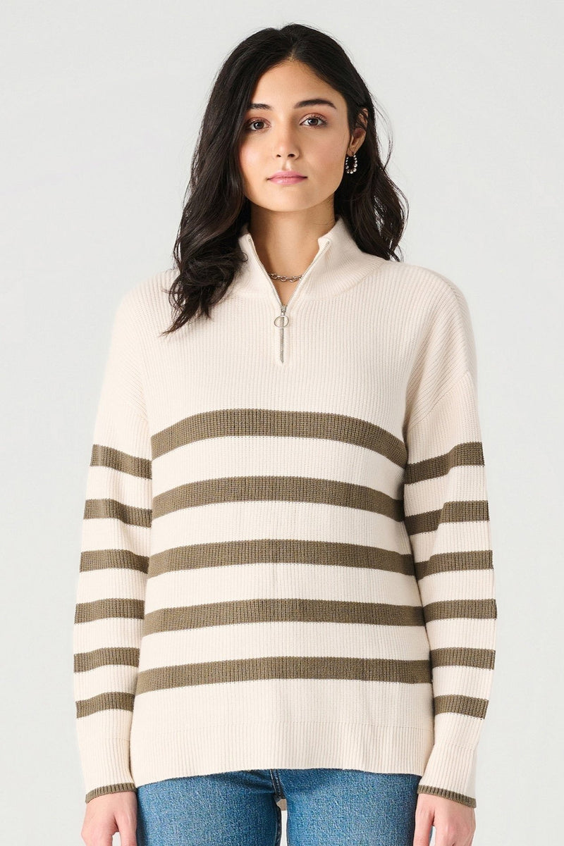 Long Sleeve Half Zip Sweater, Cream/Green Stripe