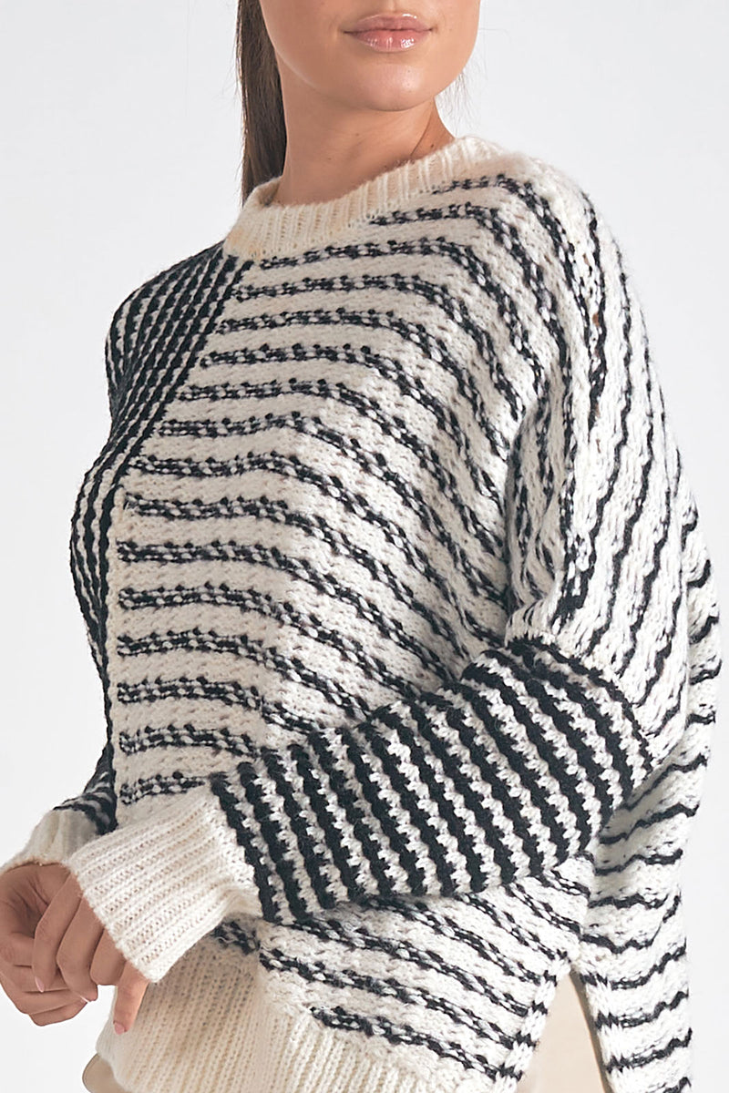 Striped Asym Hem Sweater, Black/White