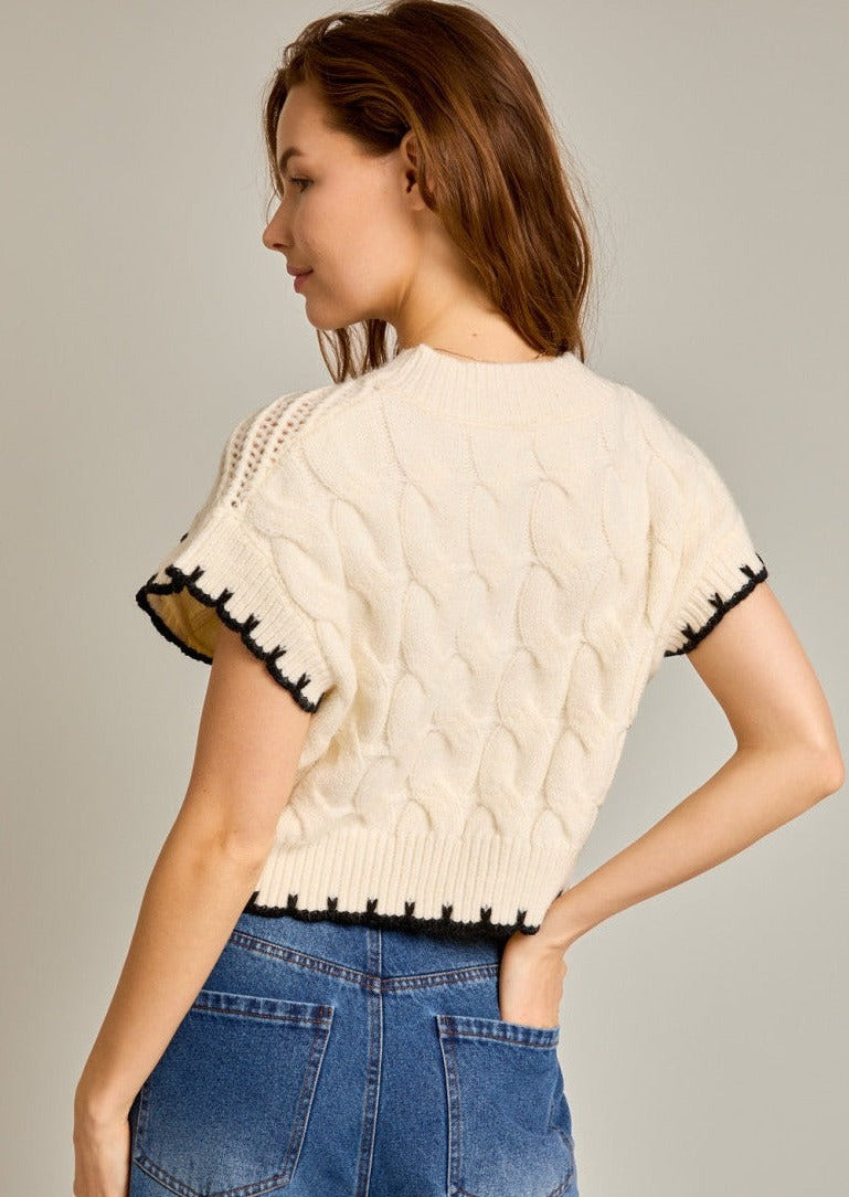 Contrast Stitch Cable Sweater, Cream