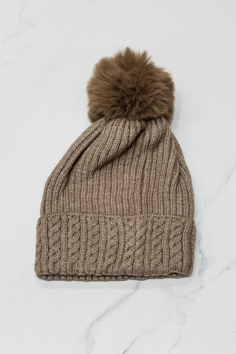 Cable Knit Beanie with Faux Pom, Taupe