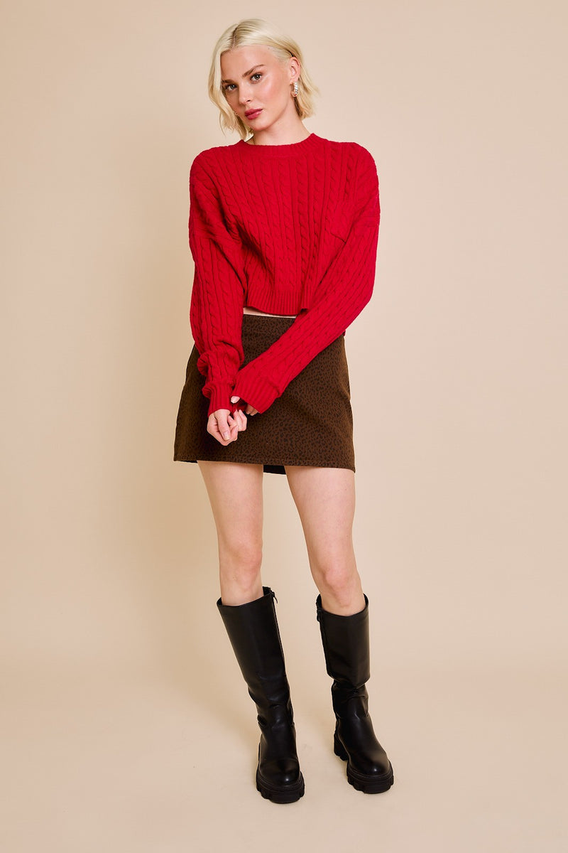 Long Sleeve Pocket Cable Knit Sweater, Red