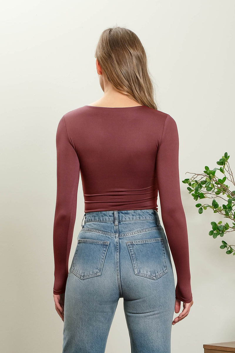 Long Sleeve Round Neck Fitted Knit Top, Maroon