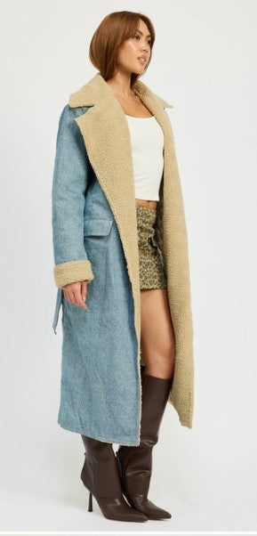 Sherpa Collar Denim Trench Coat