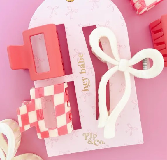 Pink Bow Checkered Hair Clip Set